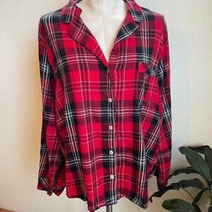Victoria secret red Christmas plaid cotton sleepwear pajama shirt womens XL